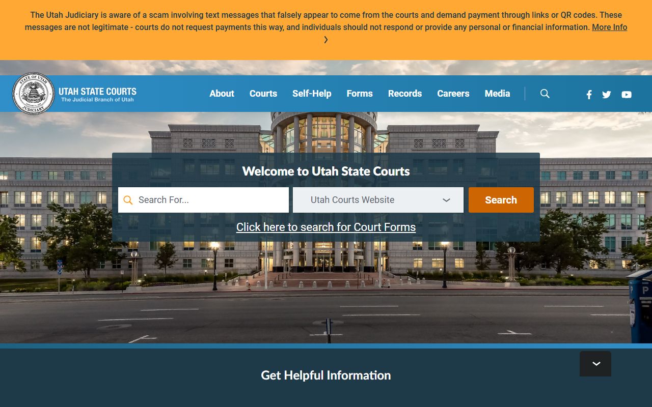 Utah State Courts homepage used to search Utah County court records