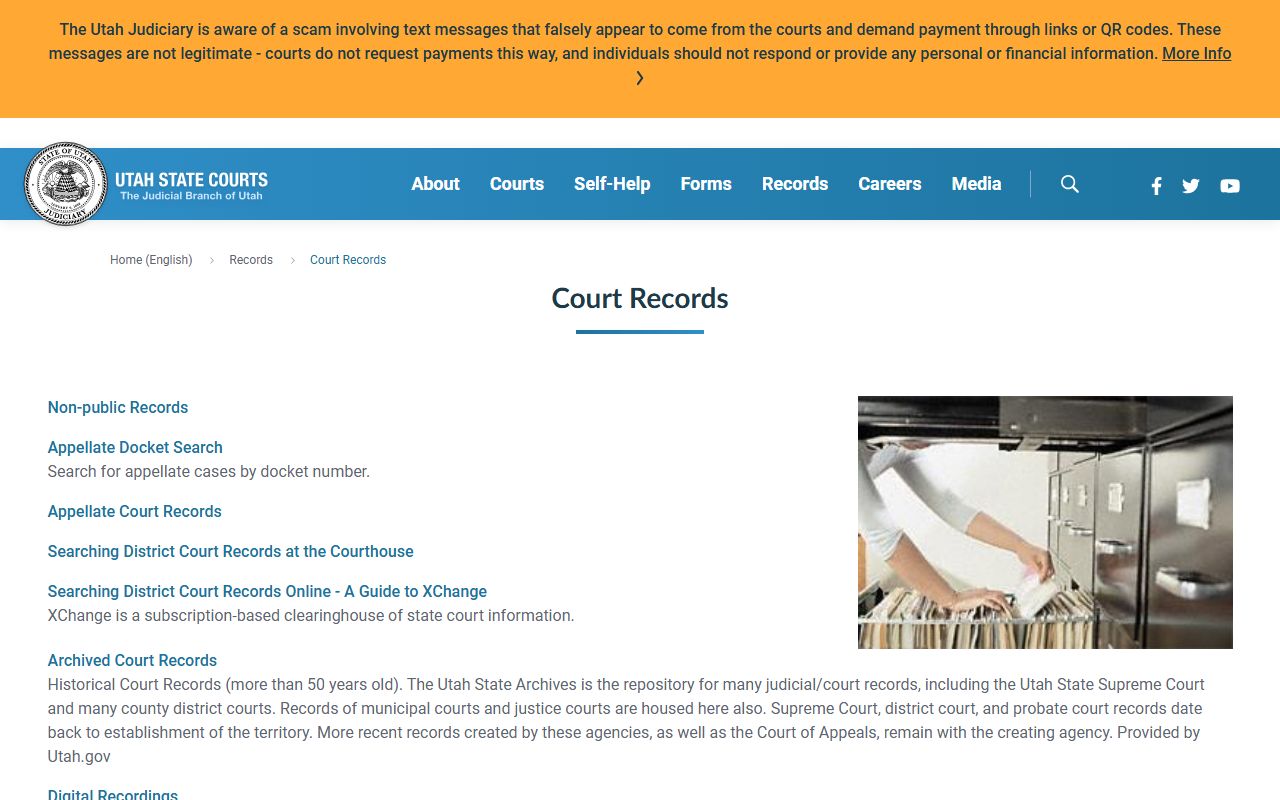 Utah Courts records page listing Utah County court records options