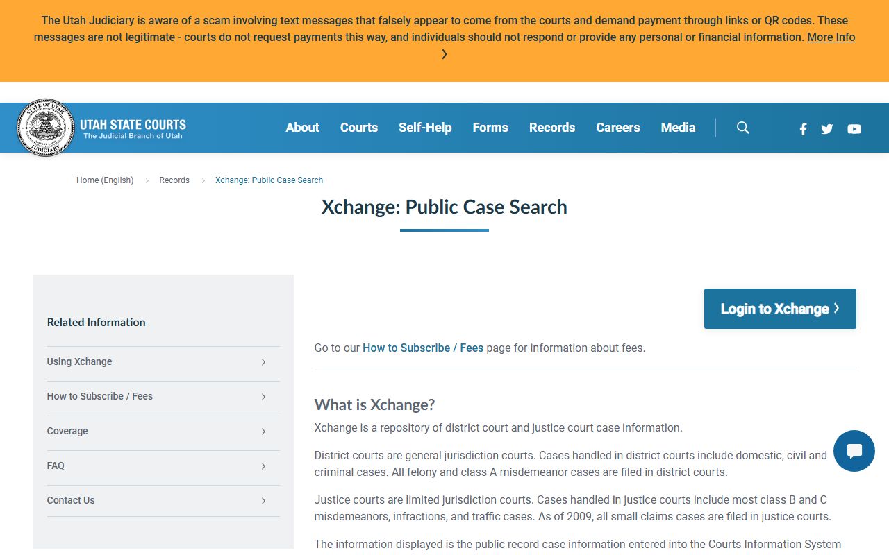 Xchange information page on Utah County court records coverage limits