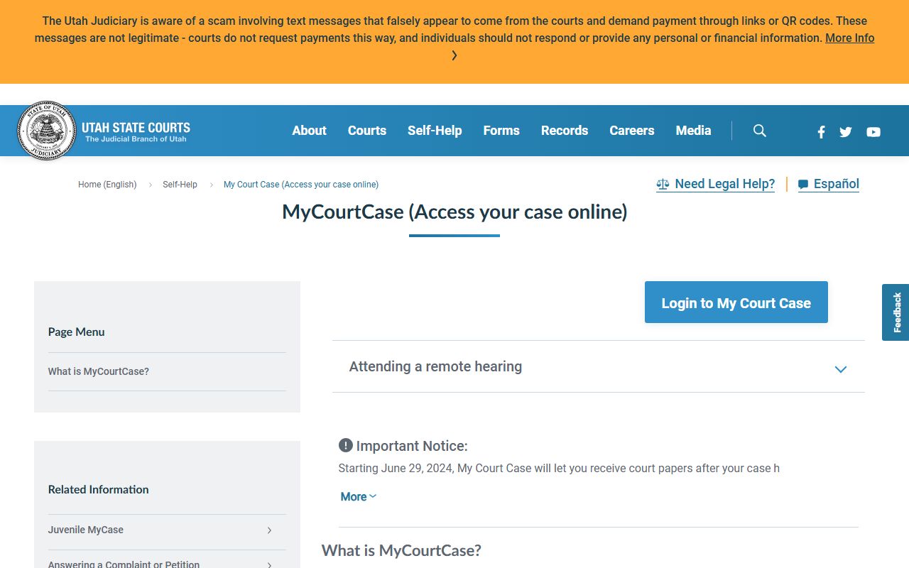 MyCourtCase page for party access to Utah County court records