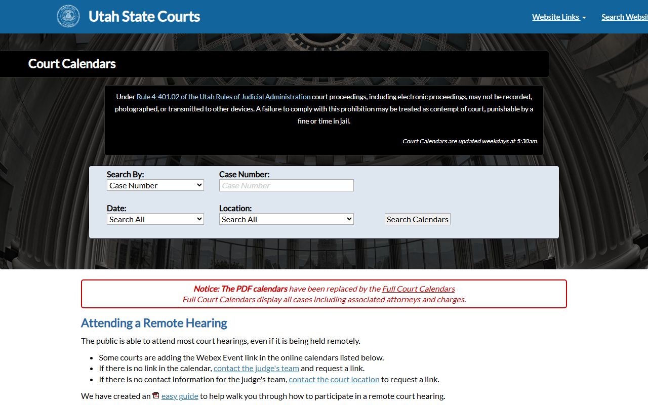Utah court calendars used to find Utah County court hearing records