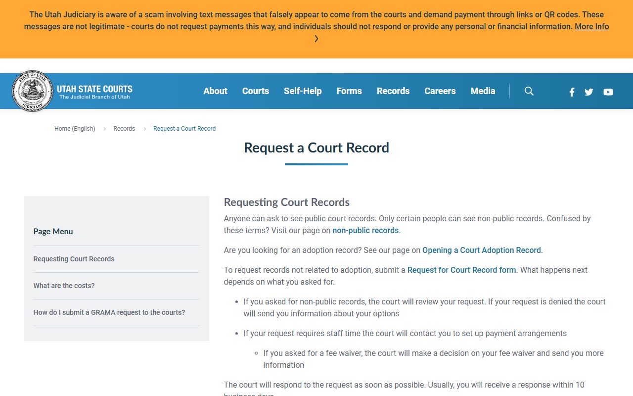 Utah Courts request a court record page with Utah County court records fees