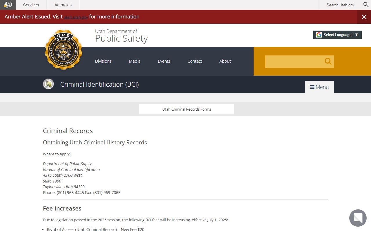 Utah BCI criminal records page used for Utah County arrest records history