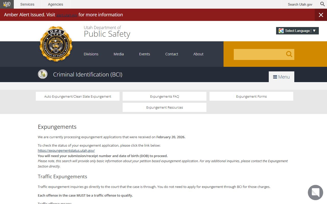 Utah BCI expungements page for Utah County arrest records