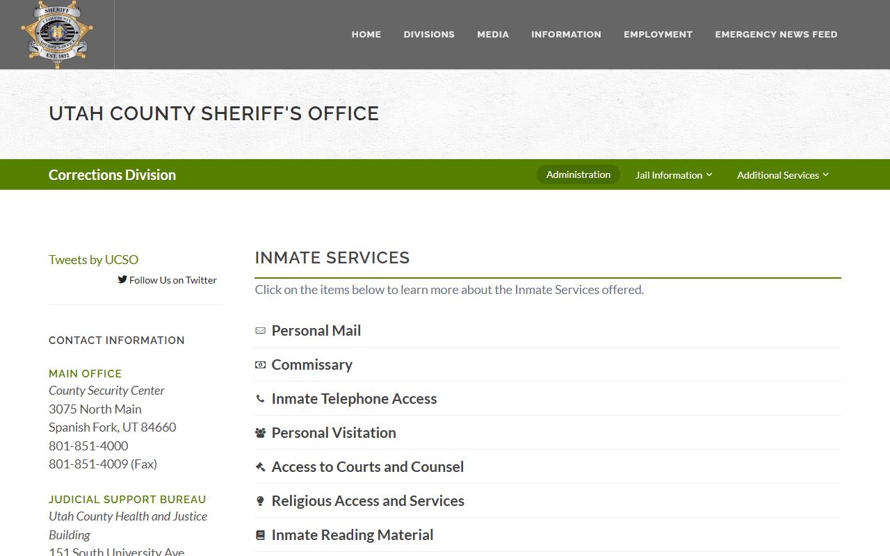 Utah County Jail inmate services for mail, phone, and commissary