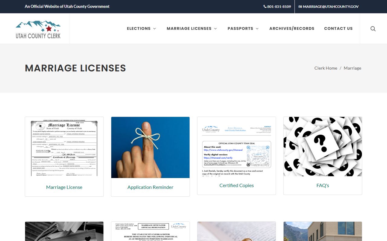 Utah County Clerk marriage license landing page for marriage records