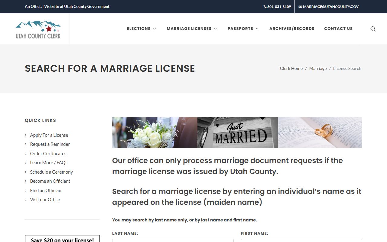 Utah County marriage license search for marriage records