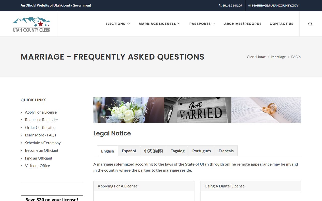 Utah County marriage FAQ covering fees and marriage records rules
