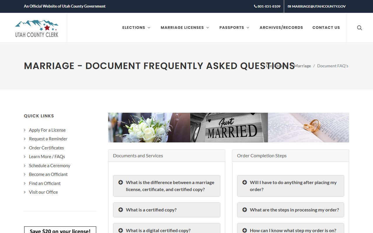 Utah County marriage document FAQ on certified copies of marriage records