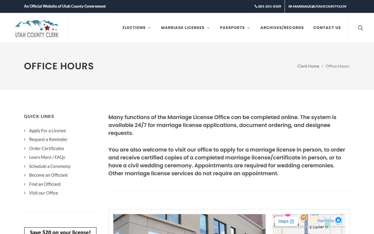 Utah County Clerk marriage office hours for marriage records