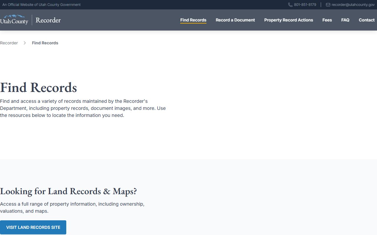 Utah County Recorder find records page for Utah County public records