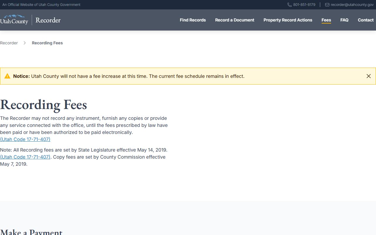 Utah County Recorder fees for Utah County public records