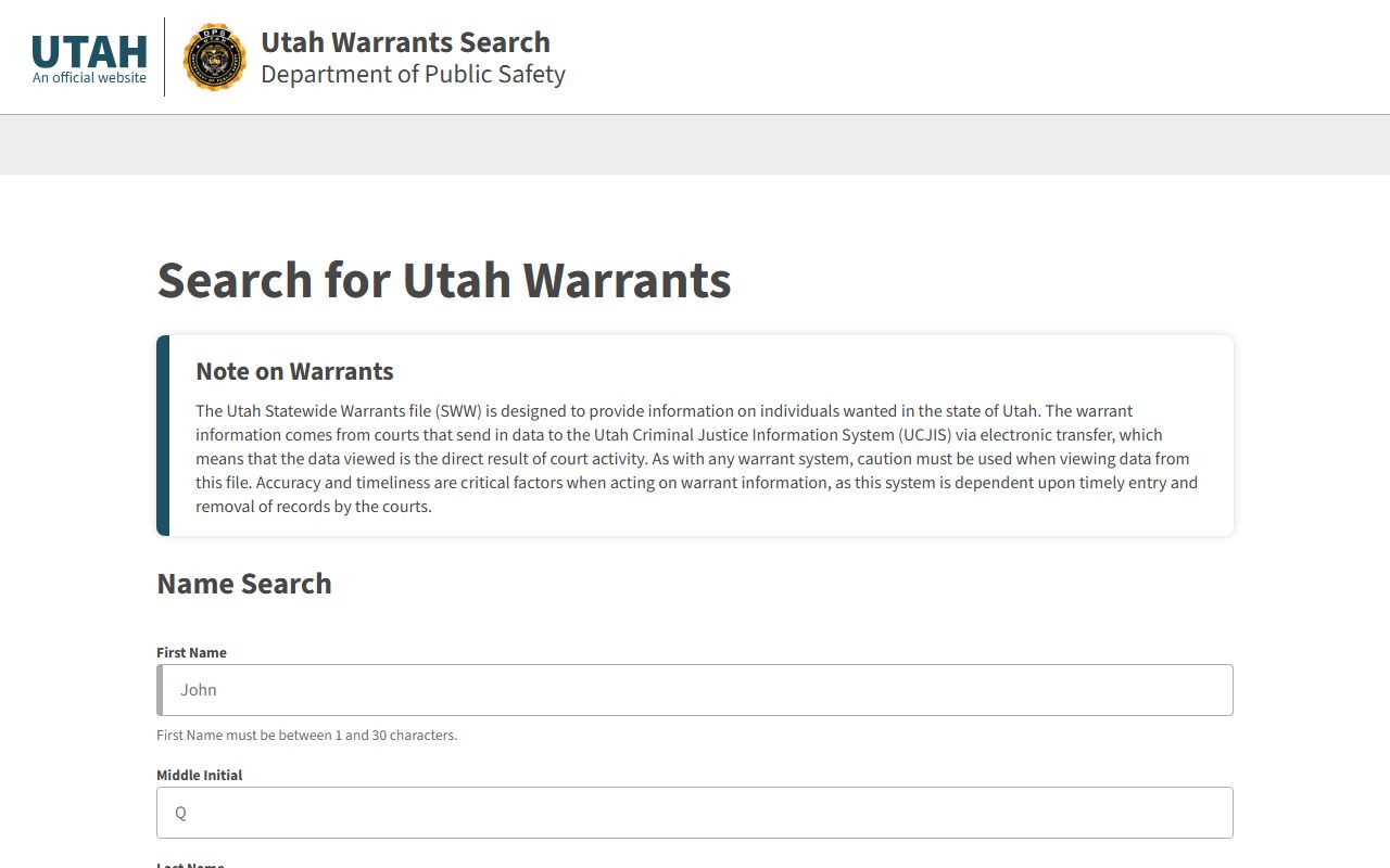 Utah State Warrants Search used for a Utah County warrant search